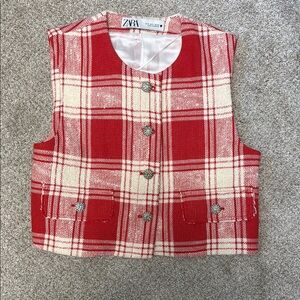 Zara Red and White Plaid Vest